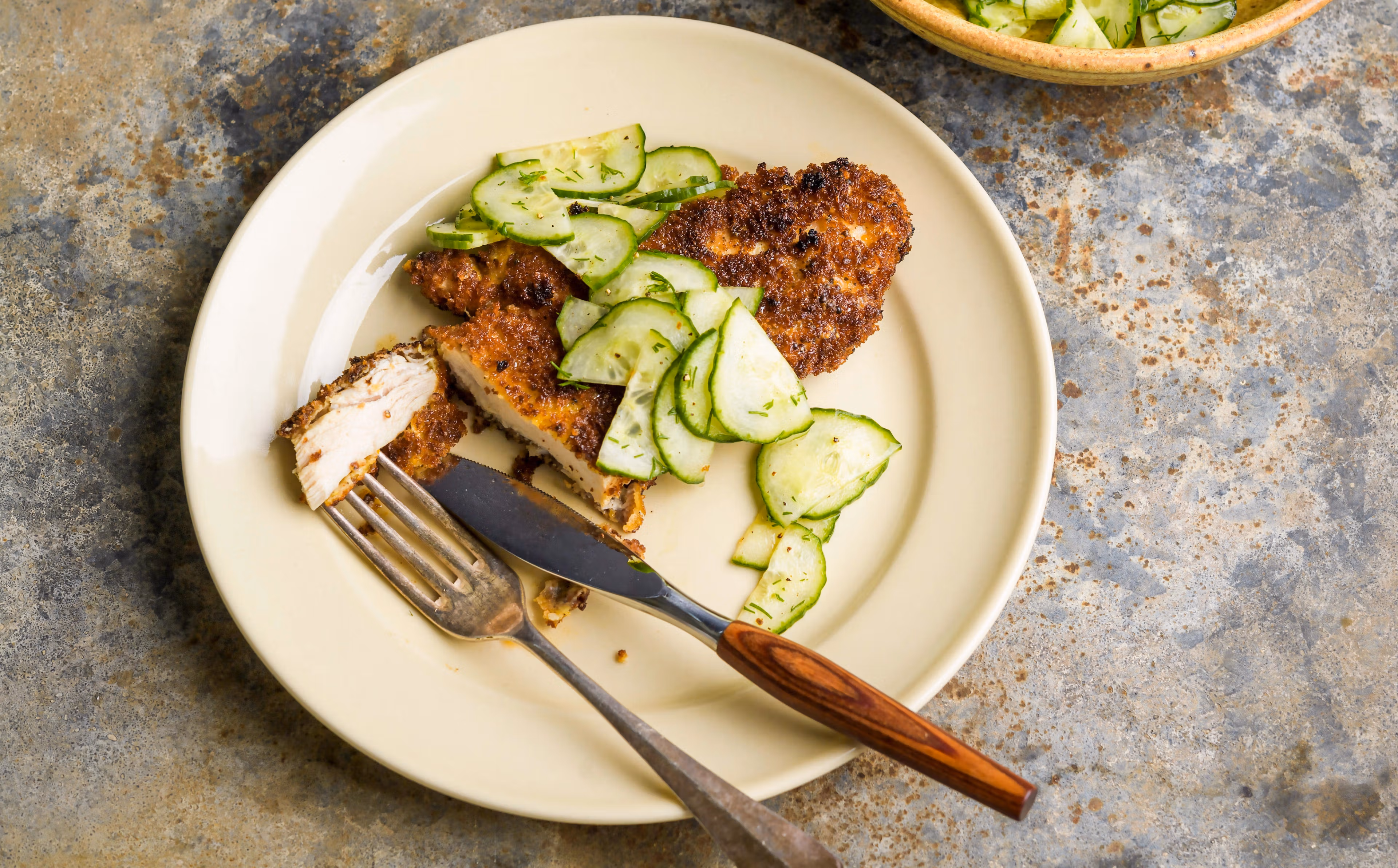 Crispy Dijon Chicken Cutlets with Cucumber-Dill Salad
