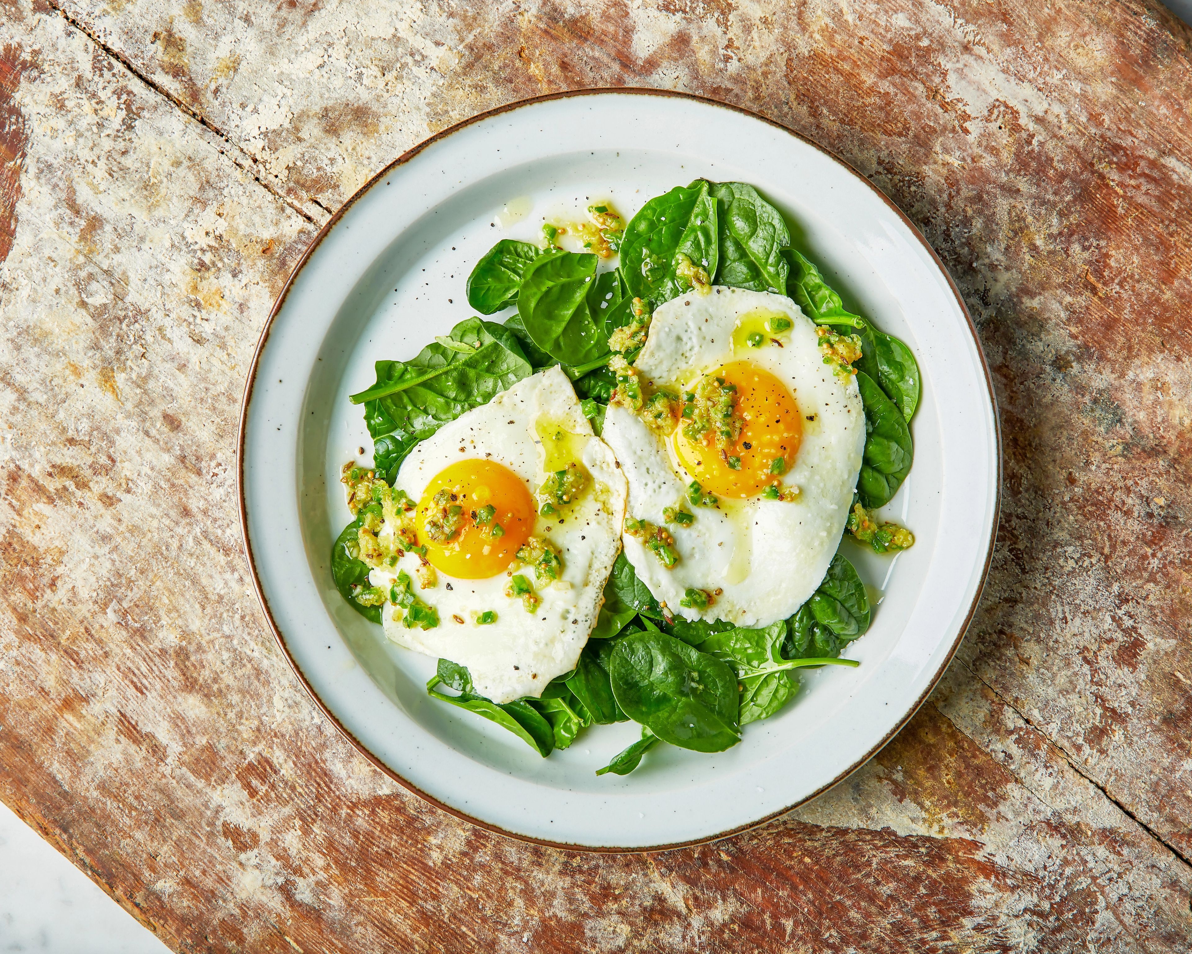 Fried Eggs with Spinach and Cumin-Jalapeño Tarka