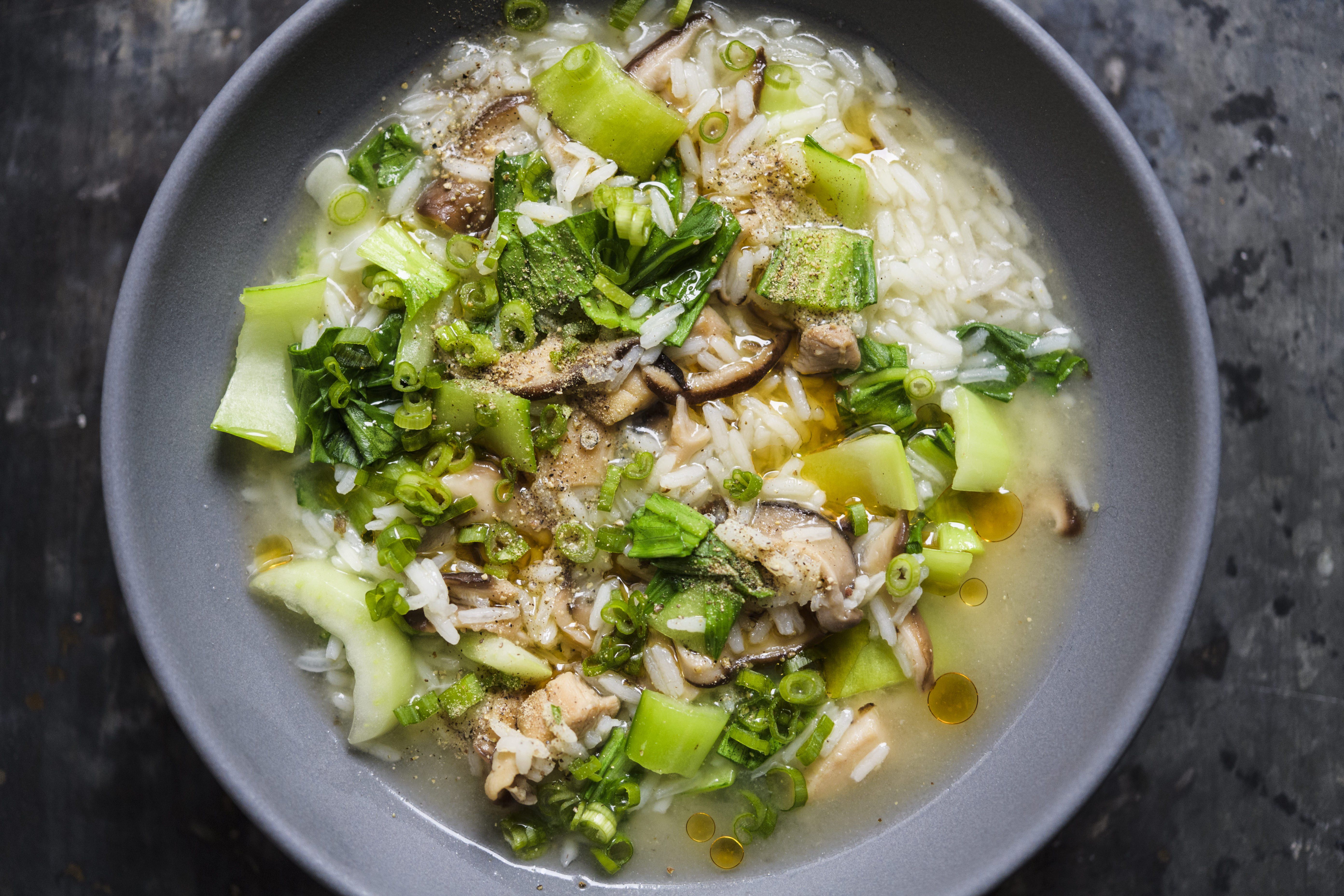 Soupy Rice with Chicken, Bok Choy and Mushrooms (Pao Fan) | Christopher ...