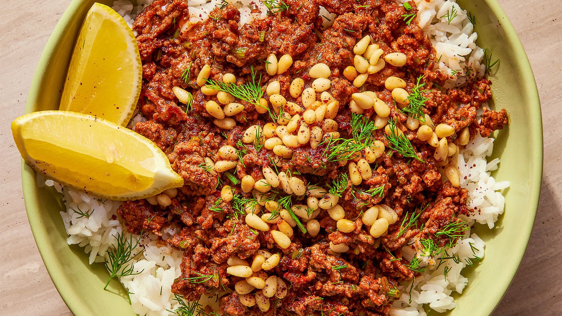 Baharat-Spiced Beef and Butter-Toasted Pine Nut Rice Bowls ...