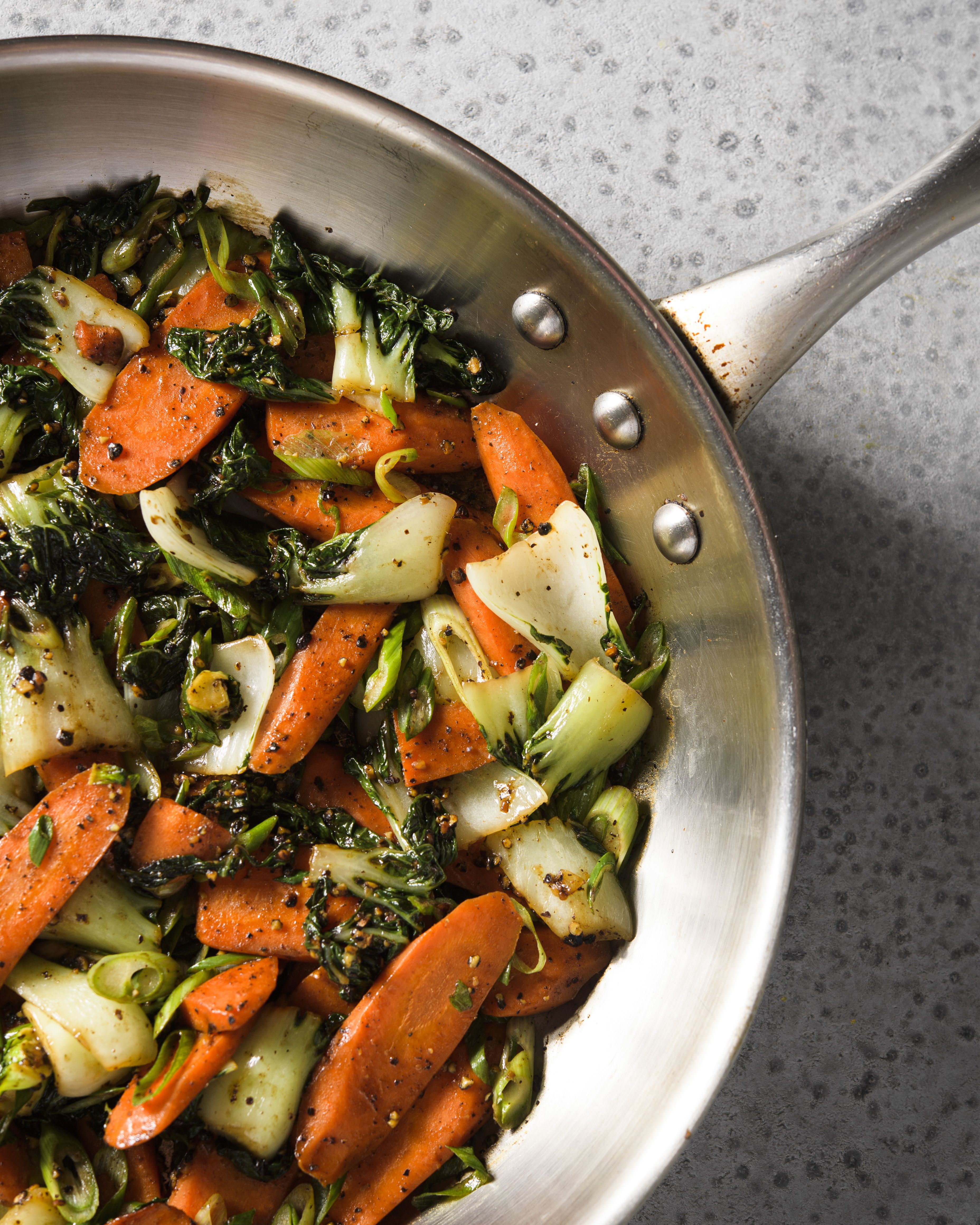 Stir-Fried Carrots and Bok Choy with Black Pepper and Lime
