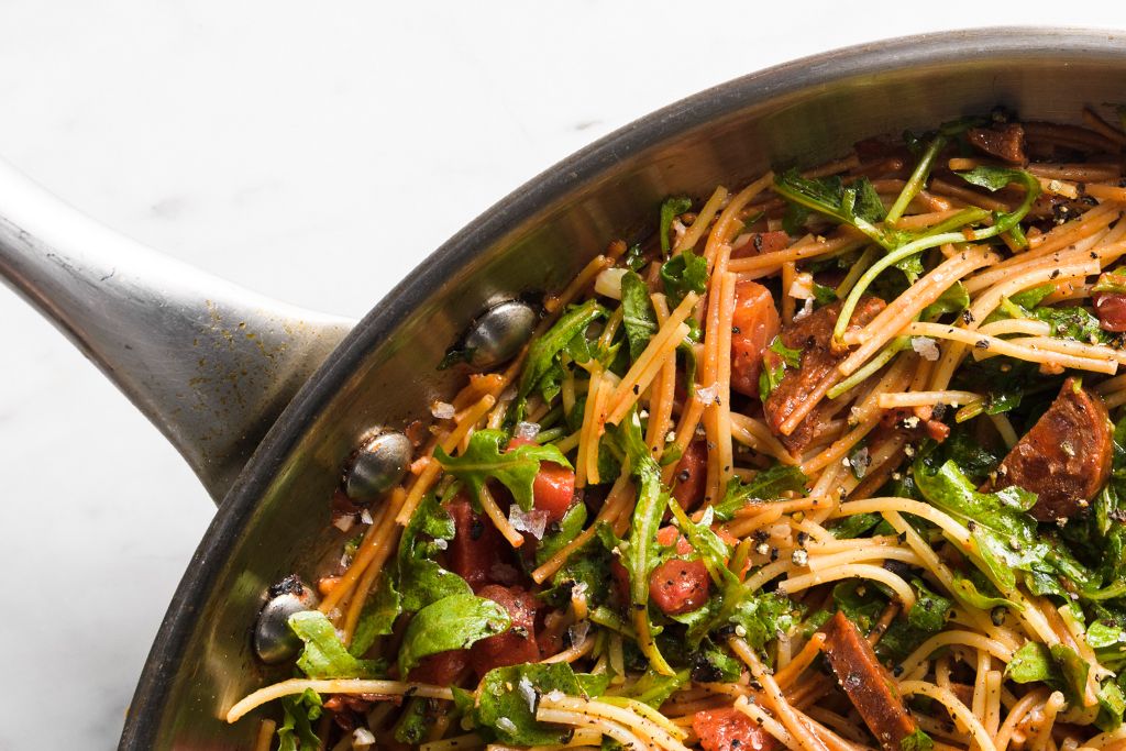 Fideos with Chorizo and Arugula