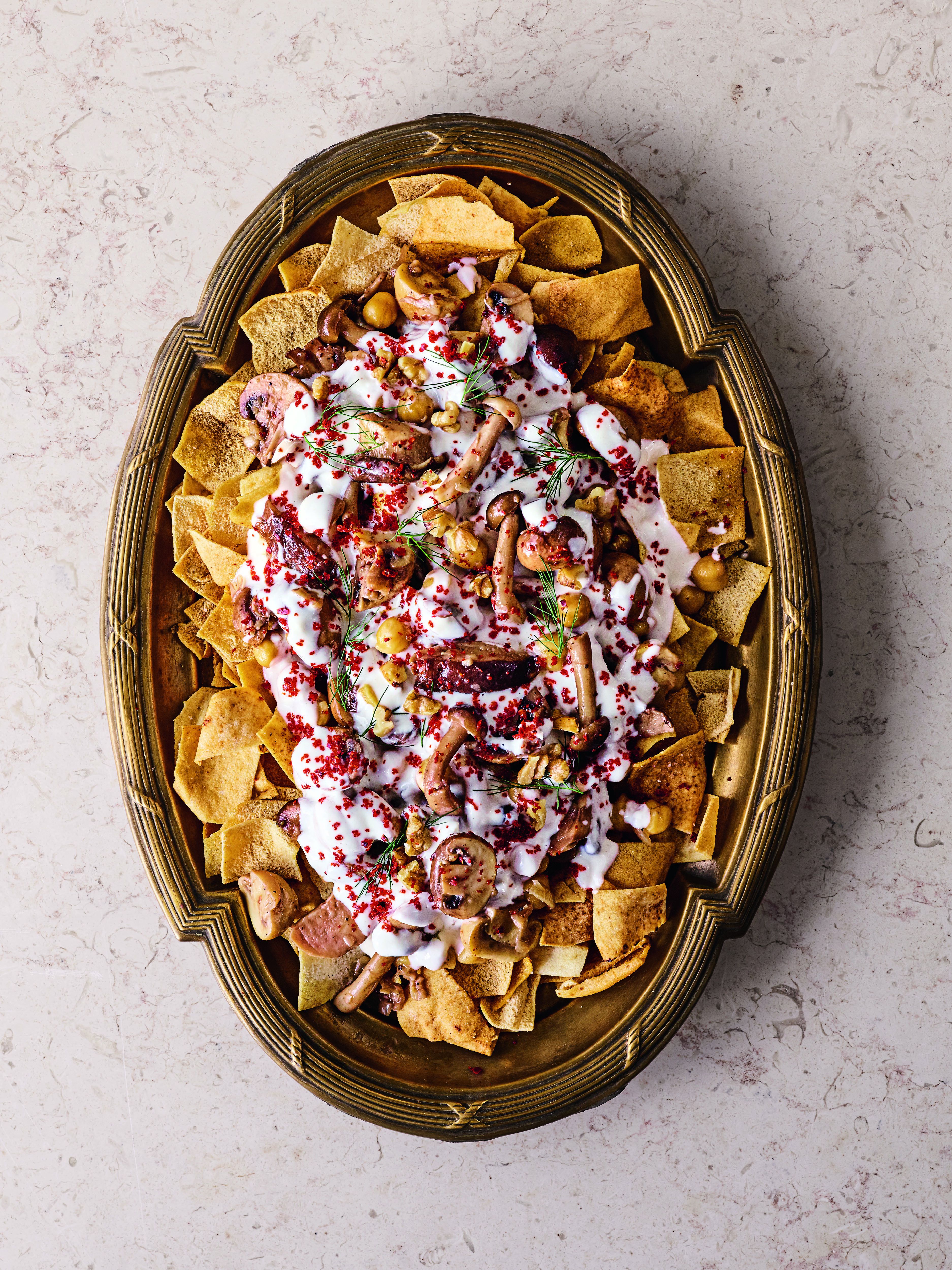 Shiitake Mushroom Fatteh with Walnut, Dill and Pomegranate Molasses