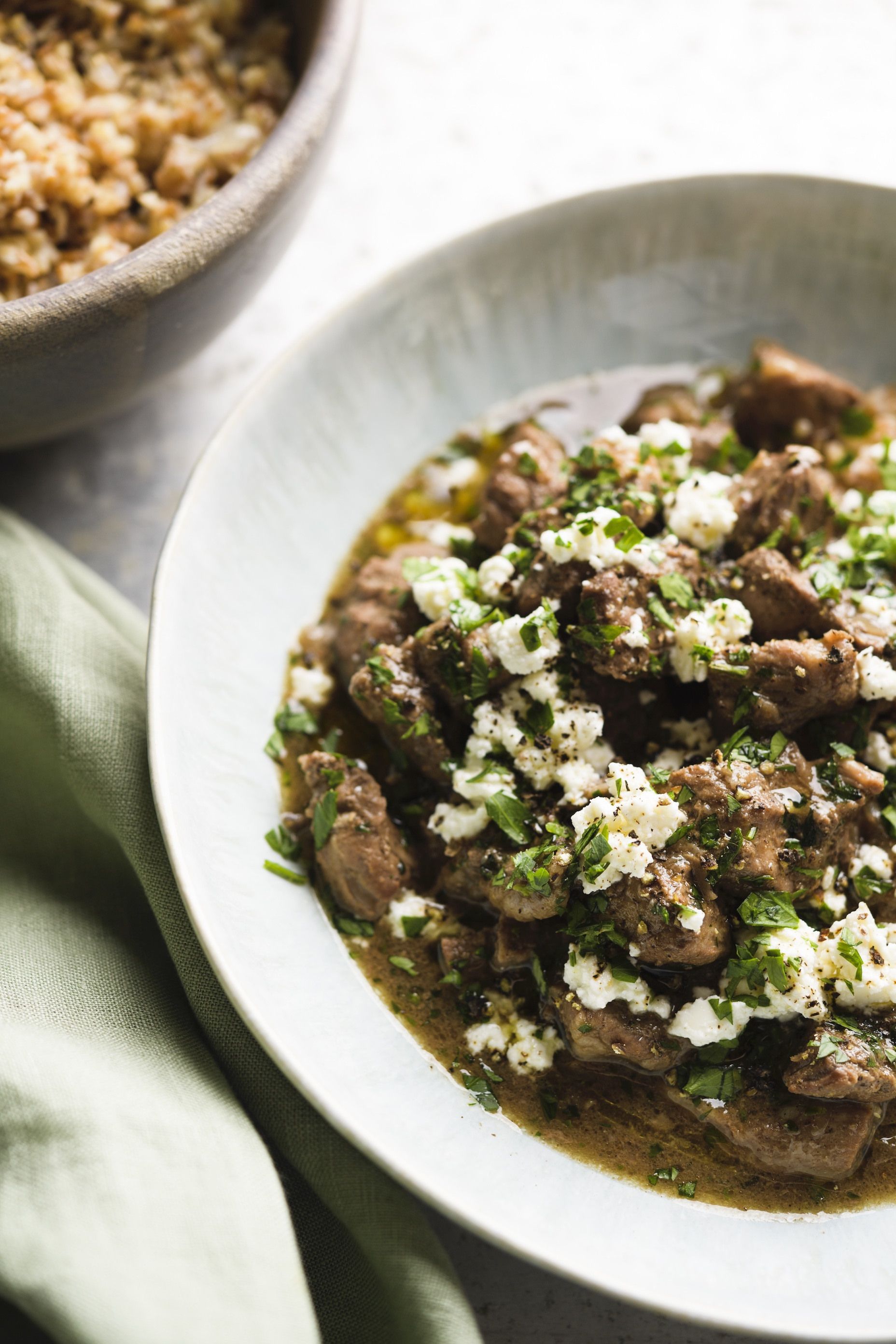 Coriander-Braised Pork with Oregano and Feta