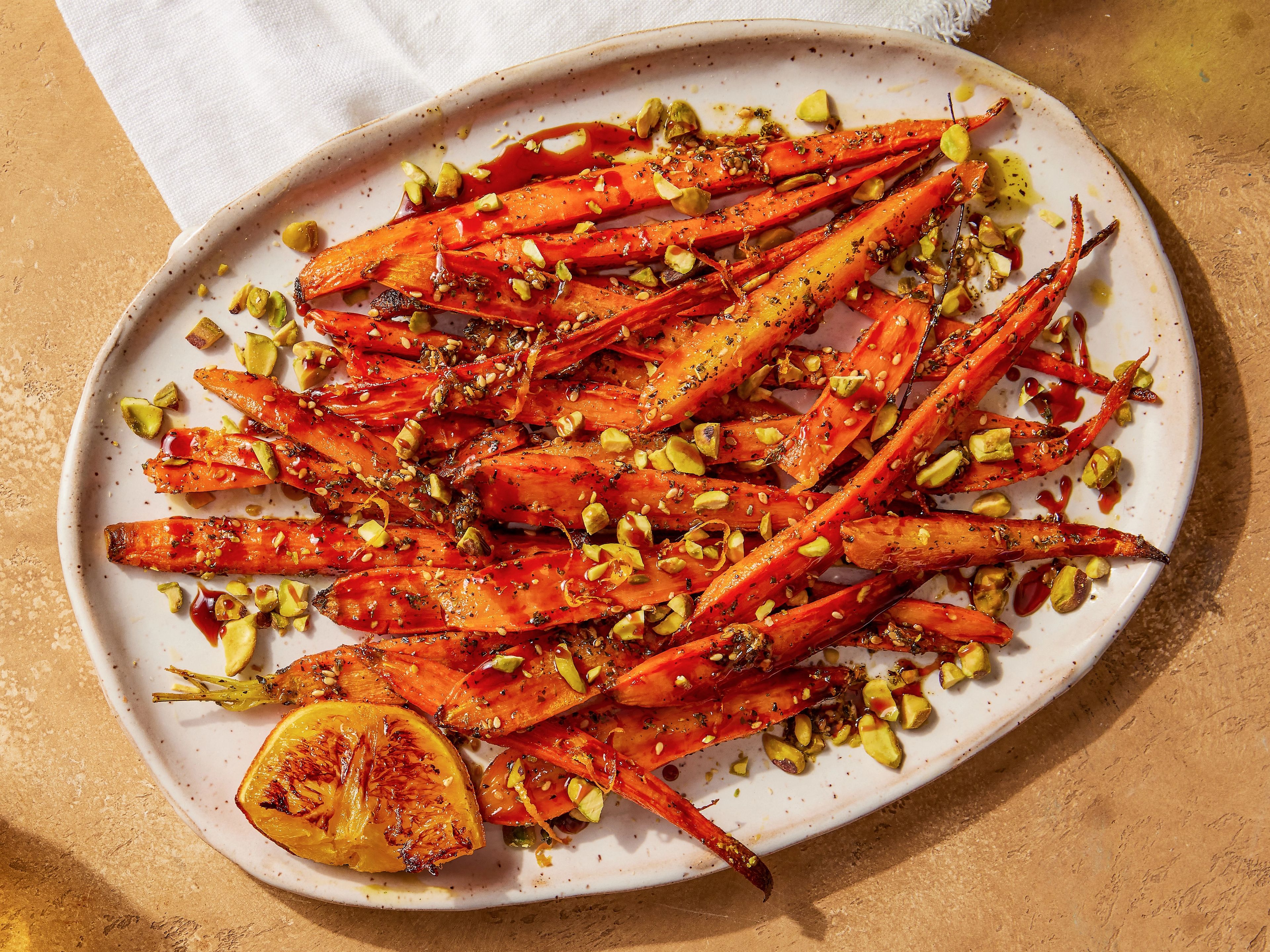 Butter-roasted carrots on a platter