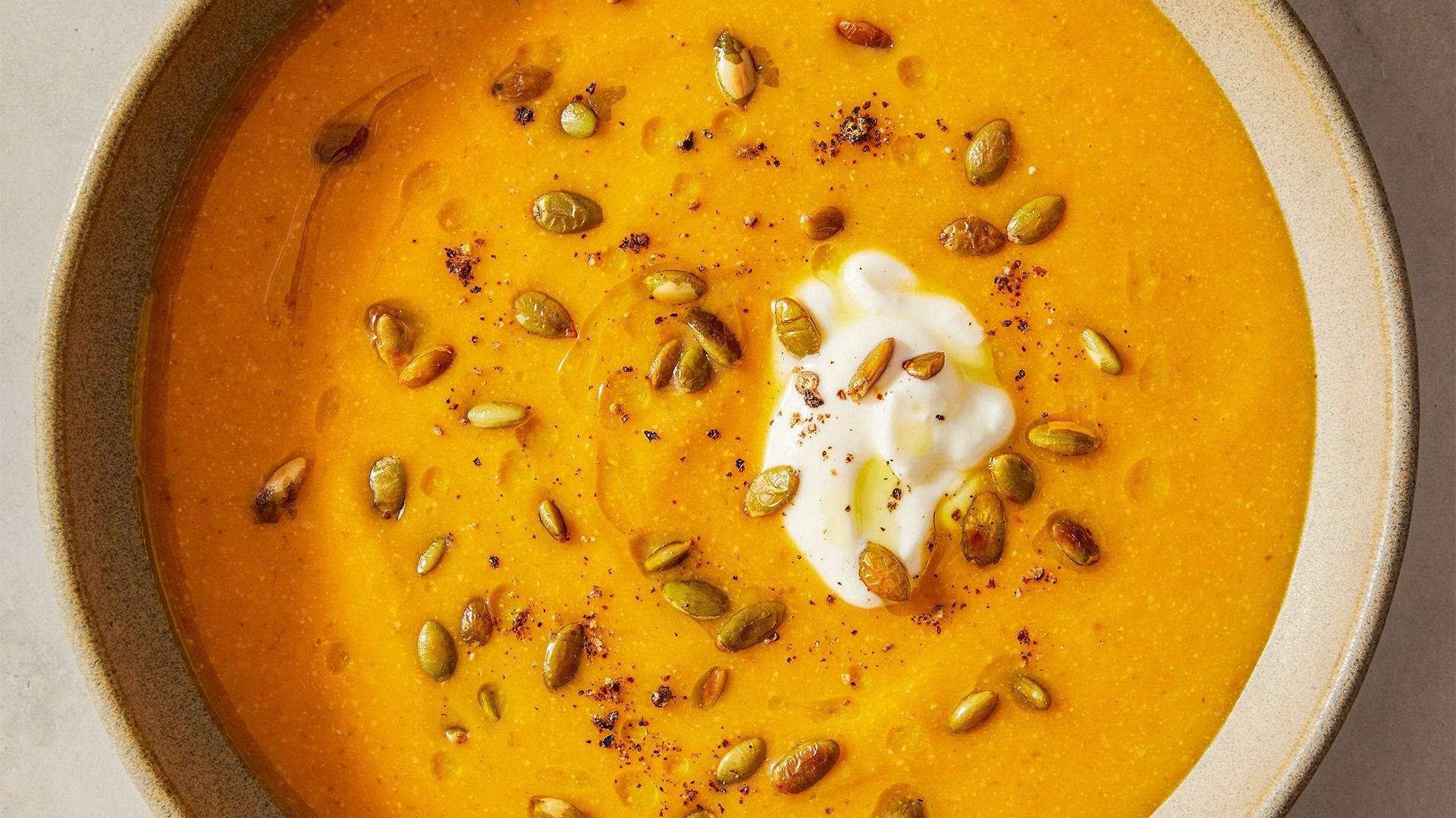 Harissa-Spiced Butternut Squash Soup with Toasted Pumpkin Seeds | Christopher Kimball’s Milk Street 