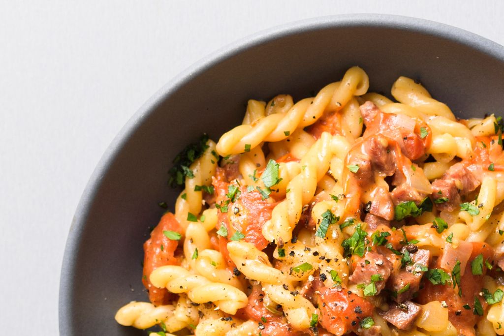 Gemelli with Tomatoes, Salami and Fontina