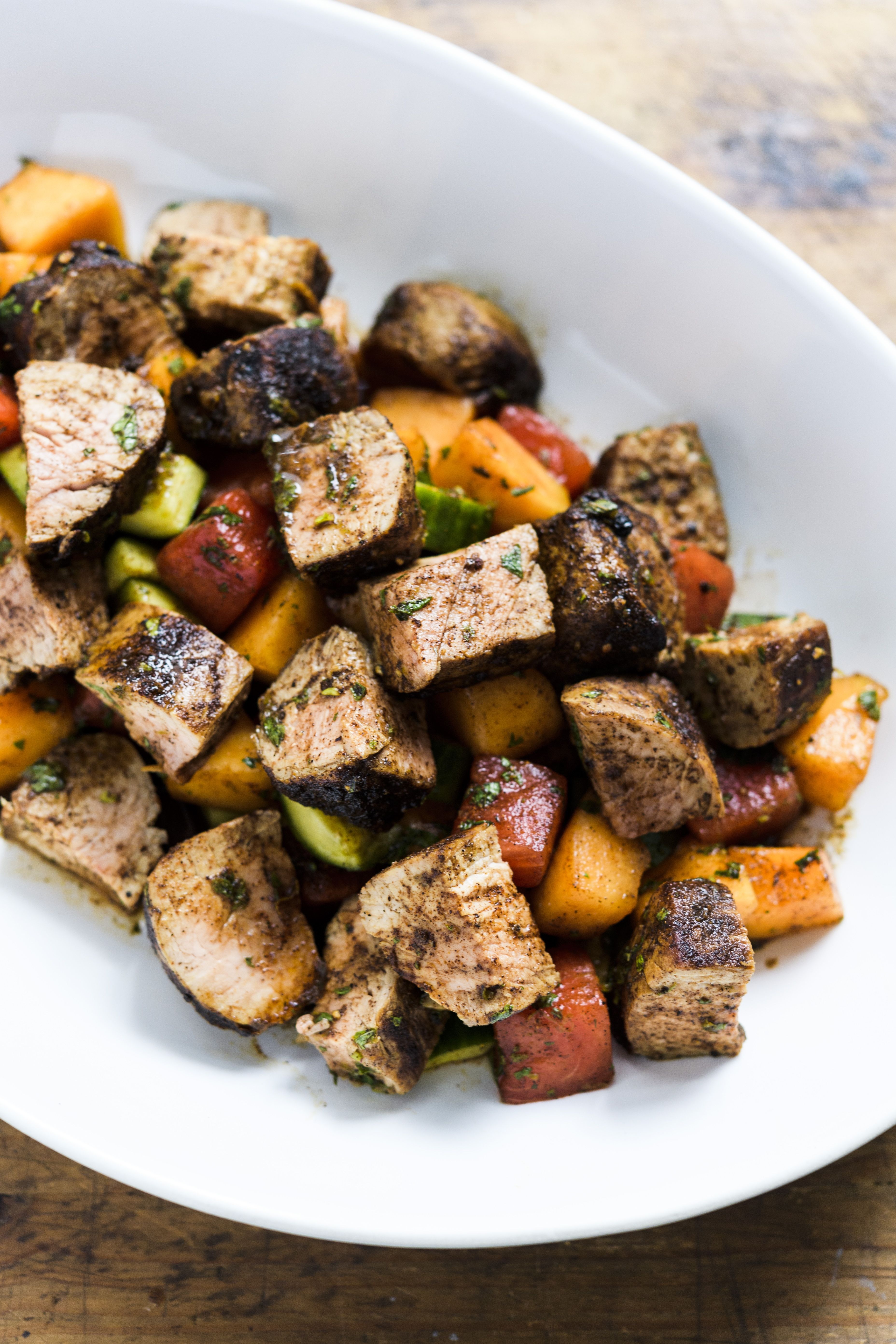 Chili-Rubbed Pork with Cucumber-Melon Salad