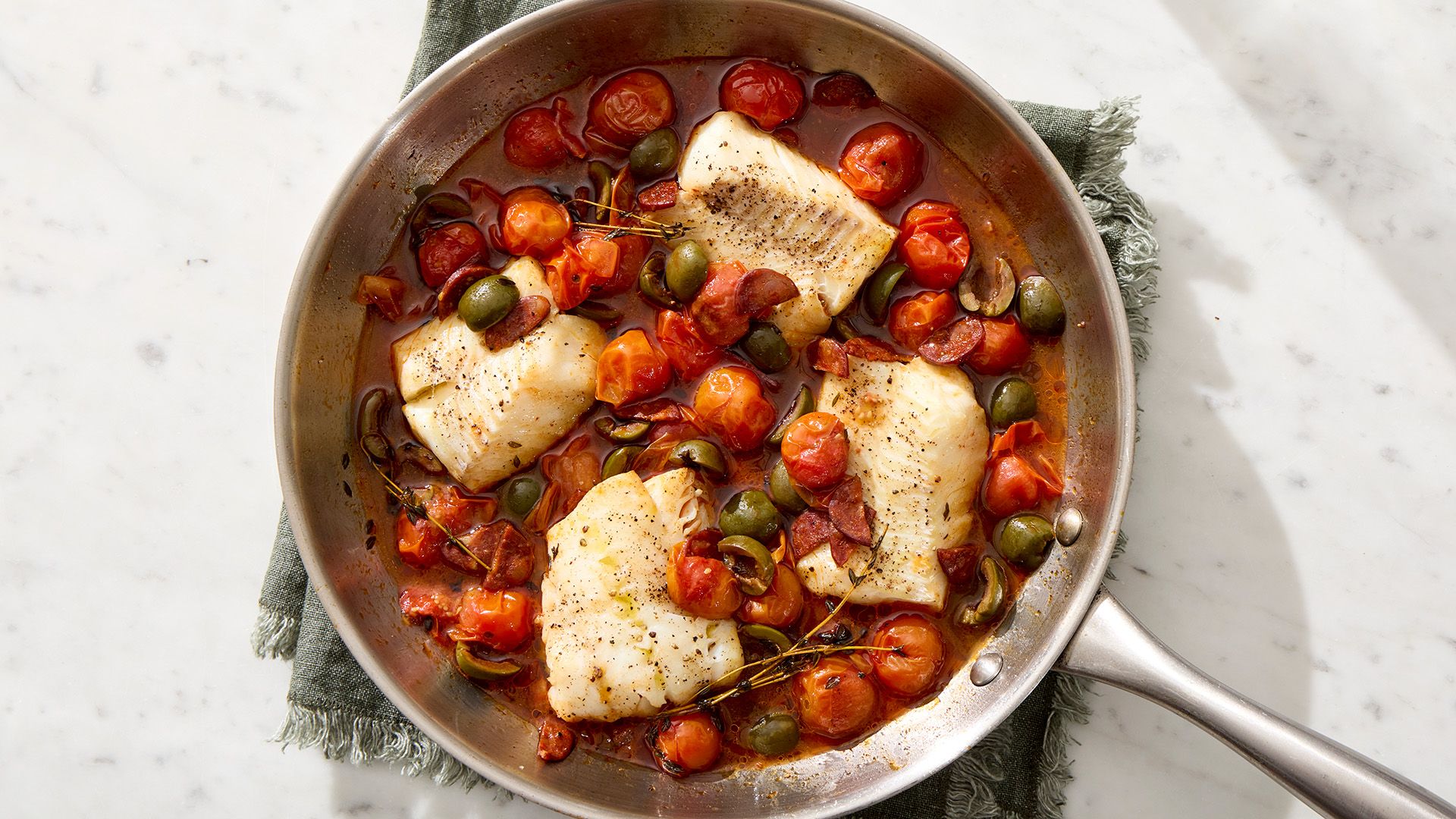 Braised Cod with Chorizo, Tomatoes and Olives