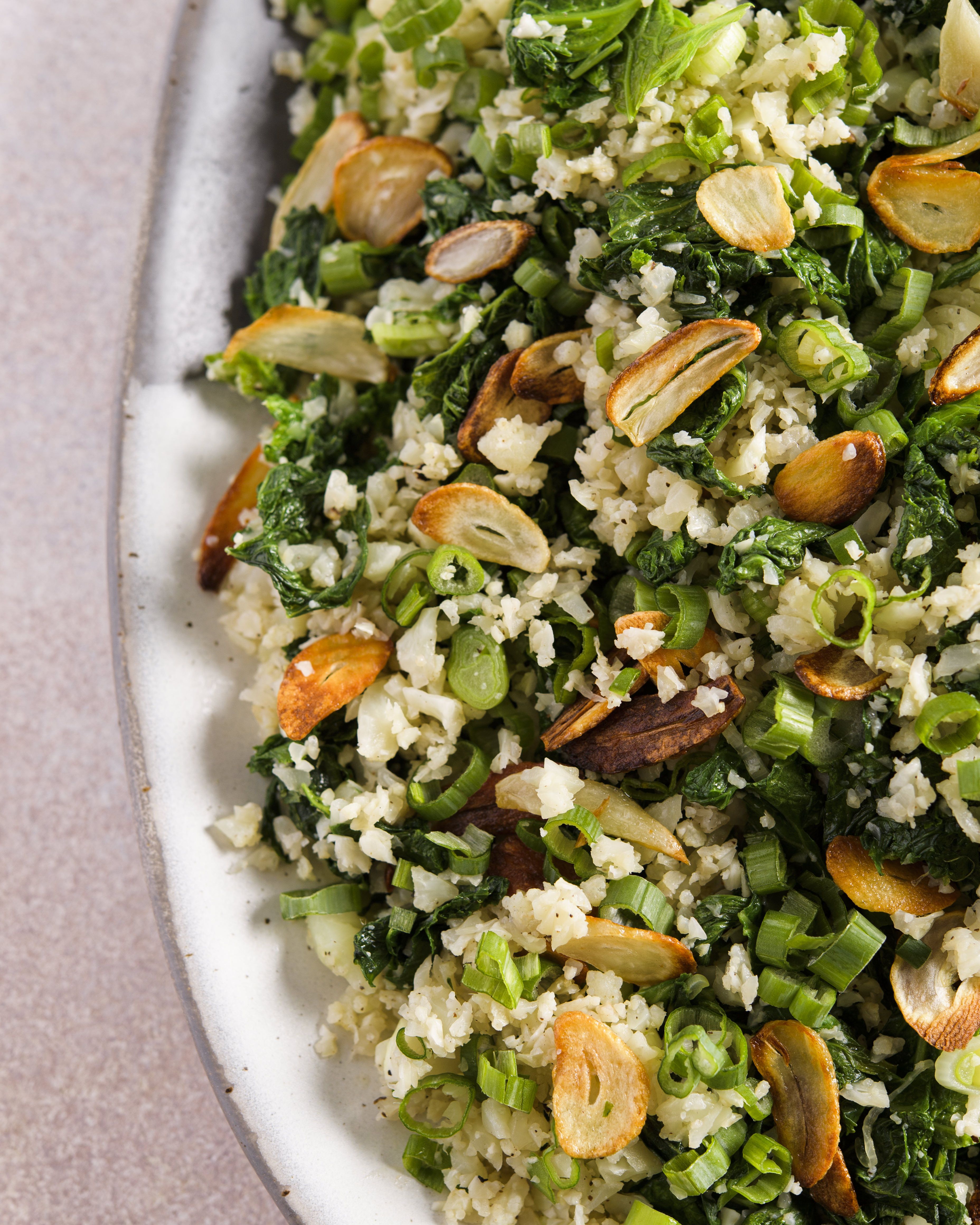Garlicky Cauliflower Rice with Mustard Greens and Scallions